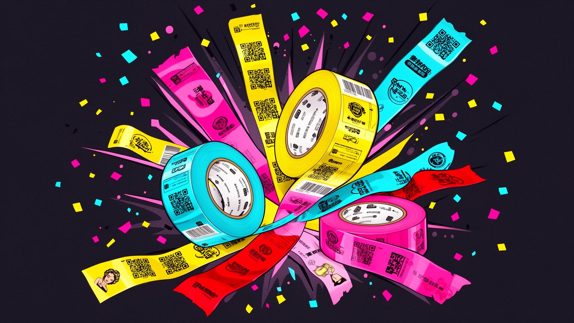 Bunt bedruckte Klebebandrollen mit Logo und QR-Code
